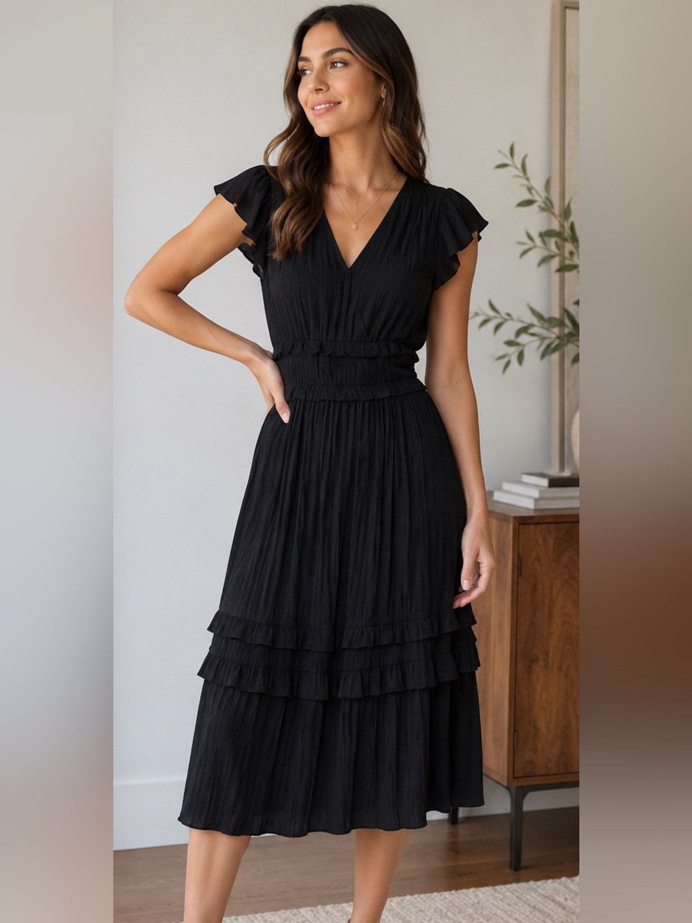 Current Air Black Ruffle-Trim Midi Dress